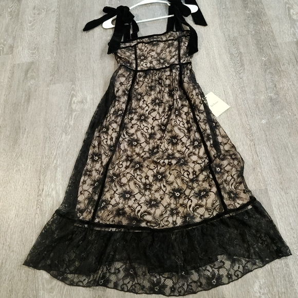 Bohme Black Lace Ribbon Strap Midi Dress, Beige Lining, Ruffle Hem, Size XS, NWT - Picture 2 of 16